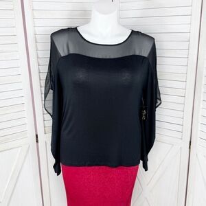 Thalia Sodi Sheer Shoulder Draped Batwing Sleeve Shirt Black Large‎